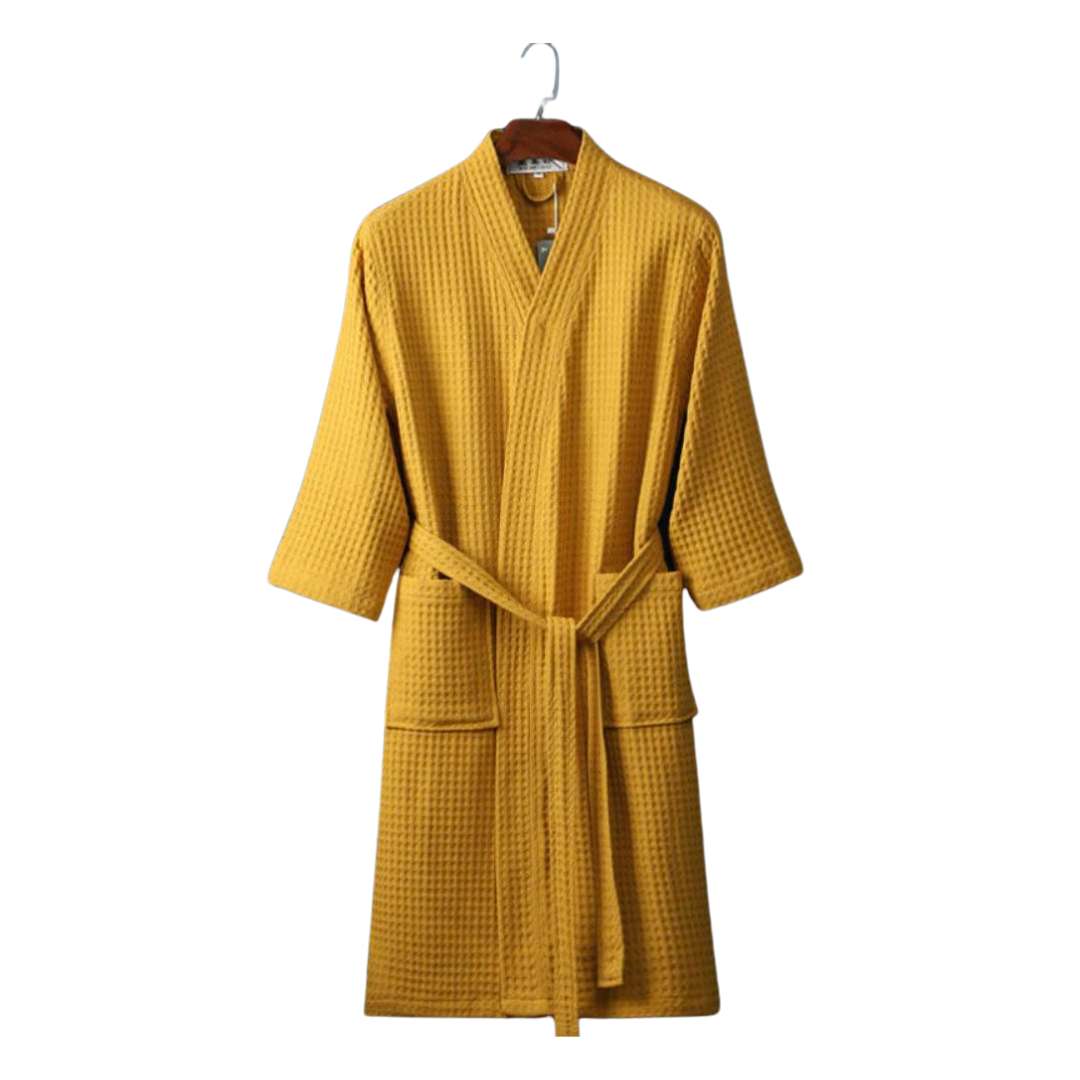 Lightweight Waffle Textured Cotton V-Neck Bathrobe With Adjustable Belt