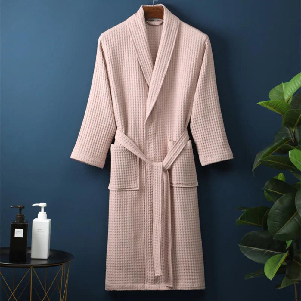 Lightweight Waffle Textured Cotton V-Neck Bathrobe With Adjustable Belt