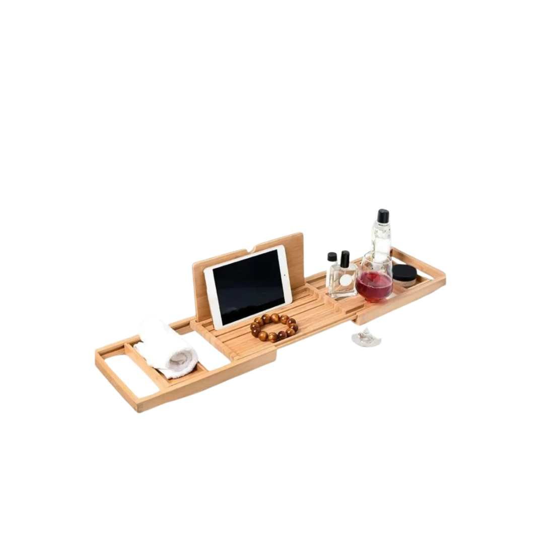 Natural Bamboo Adjustable Expandable Bathtub Caddy Tray With Book And Tablet Holder
