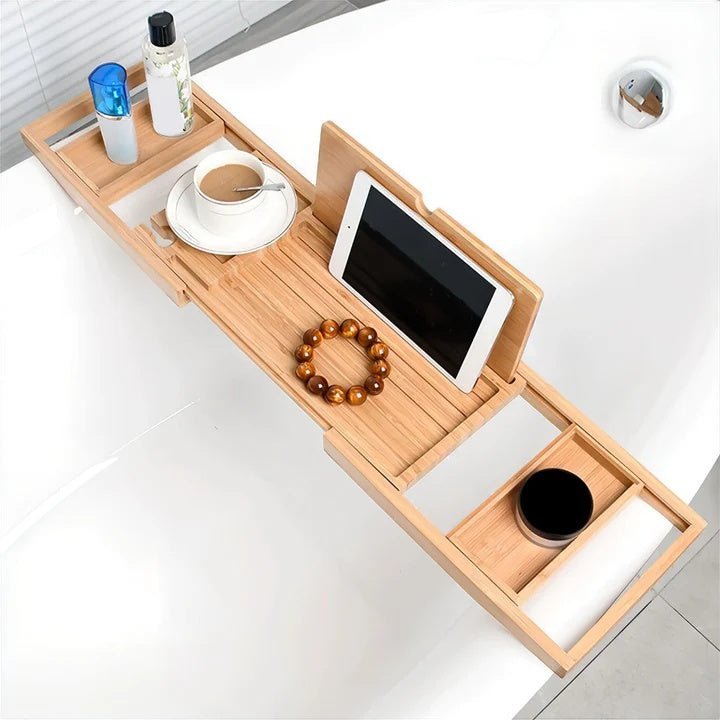 Natural Bamboo Adjustable Expandable Bathtub Caddy Tray With Book And Tablet Holder