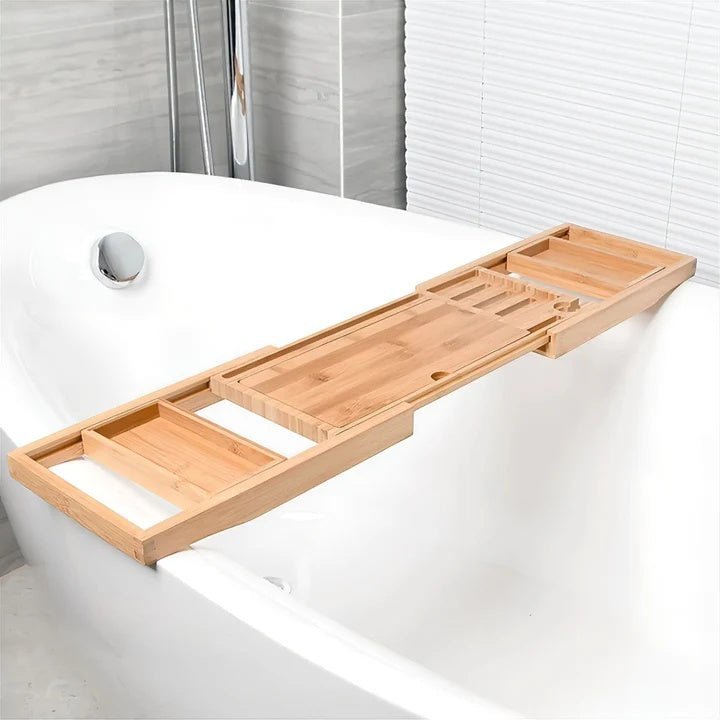 Natural Bamboo Adjustable Expandable Bathtub Caddy Tray With Book And Tablet Holder