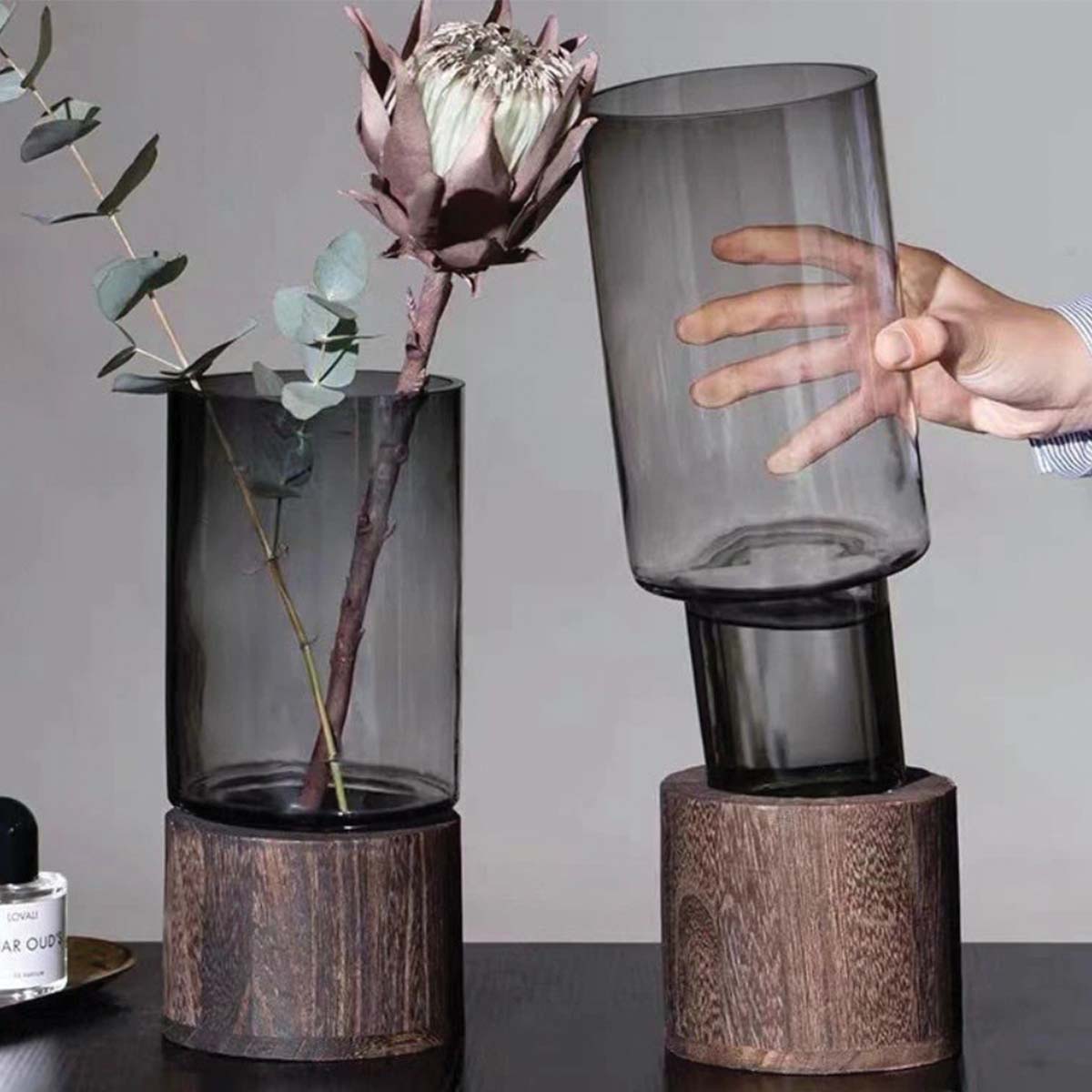 Natural Wood and Glass Contrast Flower Vase