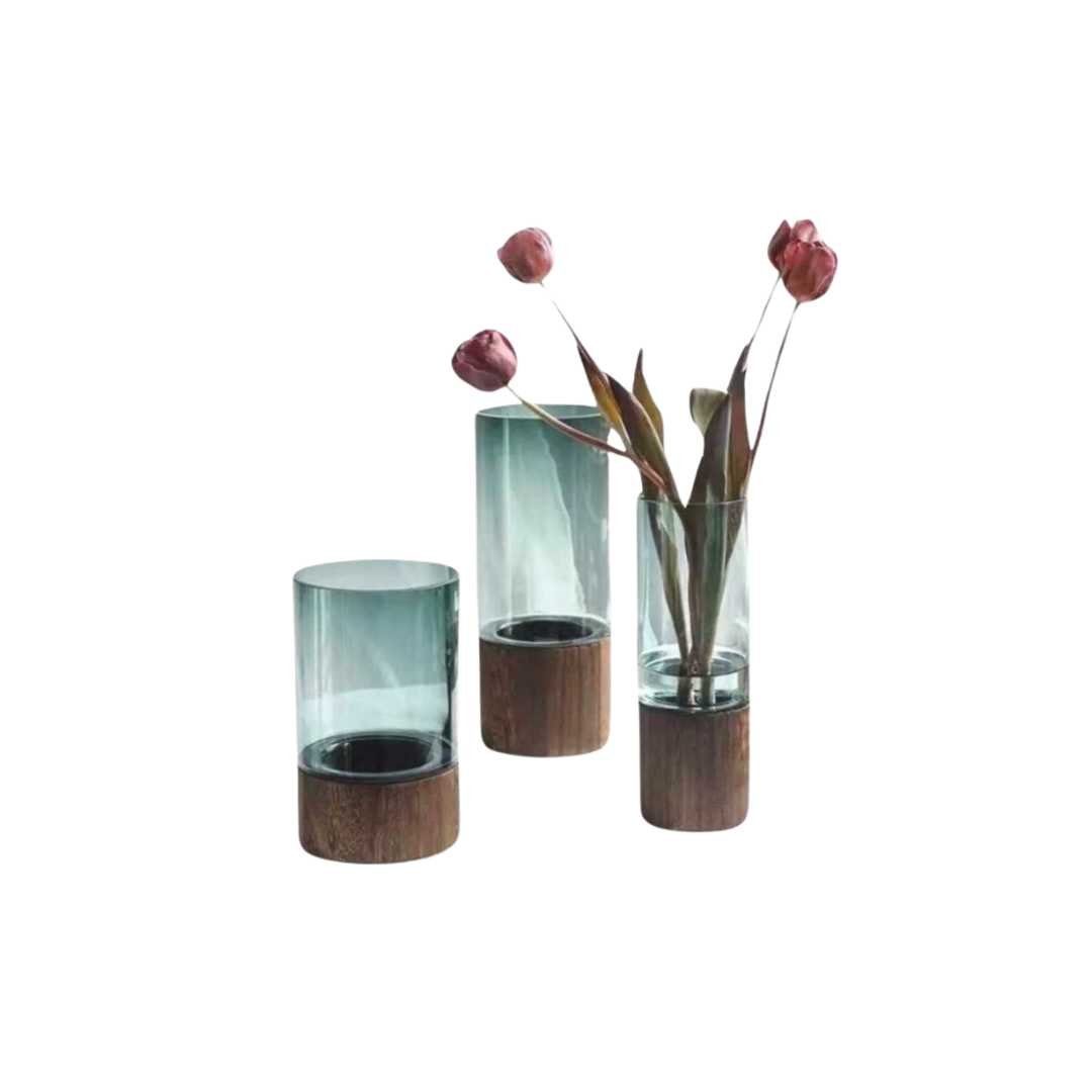 Natural Wood and Glass Contrast Flower Vase