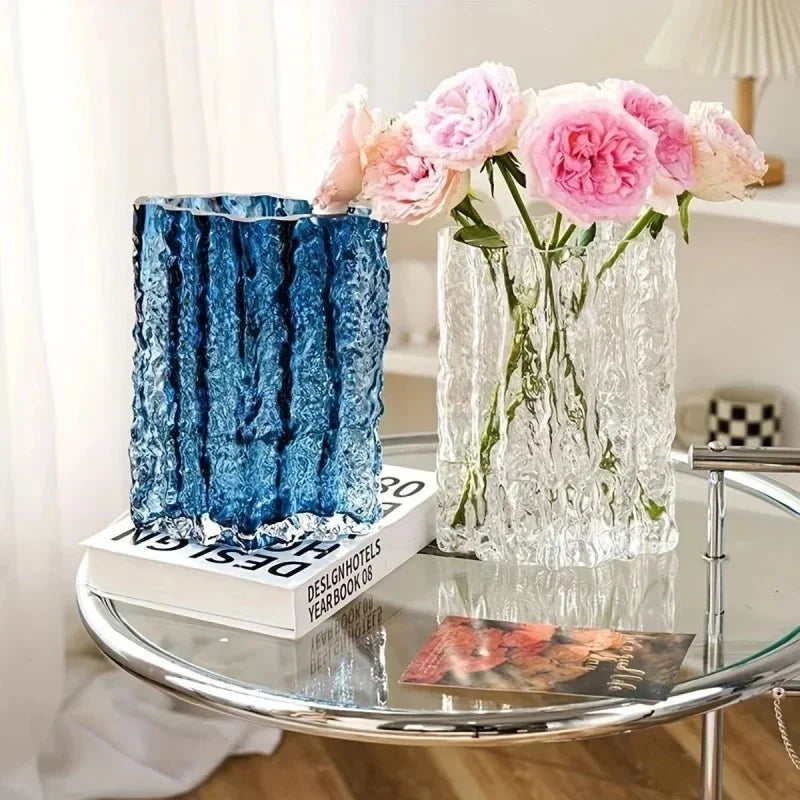 Frosted Textured Glass Sculpted Ice Effect Decorative Flower Vase