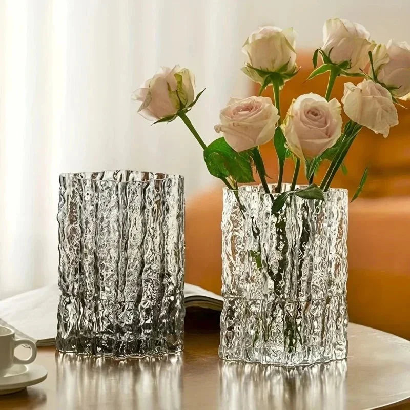 Frosted Textured Glass Sculpted Ice Effect Decorative Flower Vase