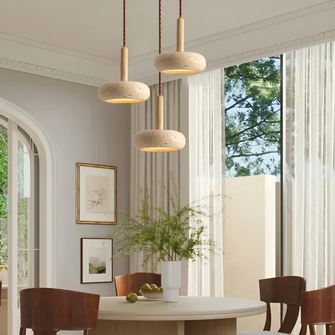 Japanese Stone Wood Cosmic Halo Adjustable Pendant Light