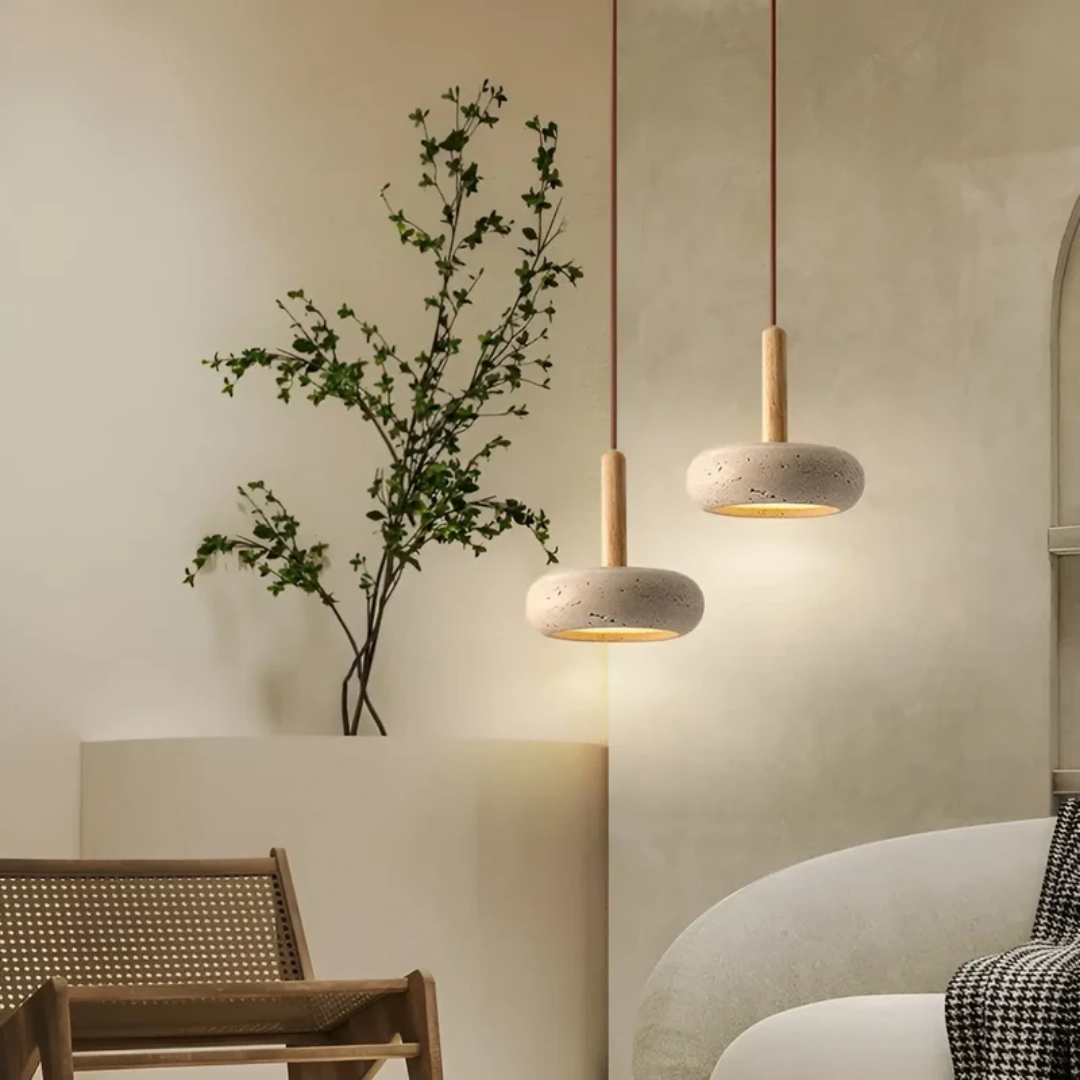 Japanese Stone Wood Cosmic Halo Adjustable Pendant Light