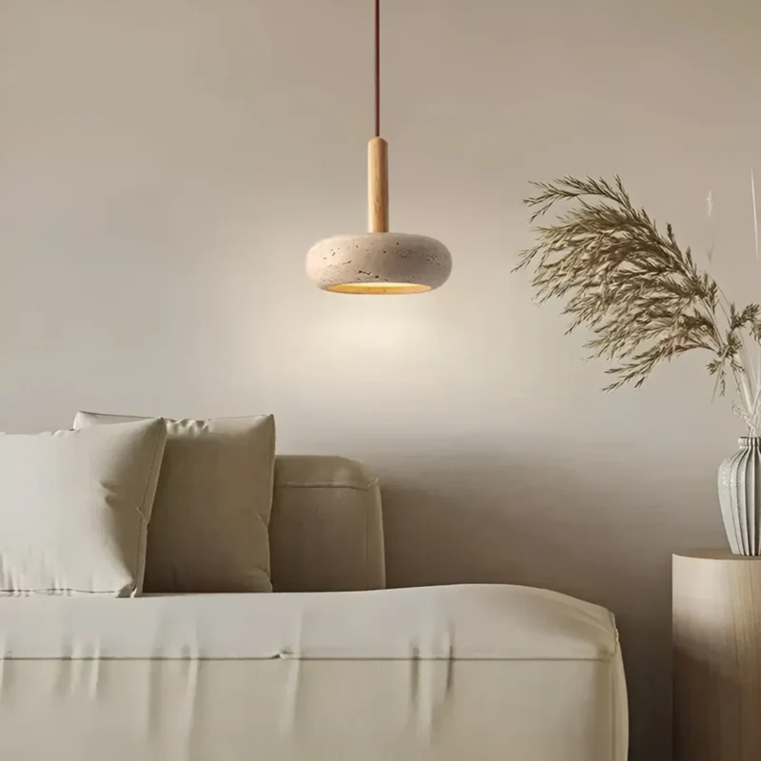 Japanese Stone Wood Cosmic Halo Adjustable Pendant Light