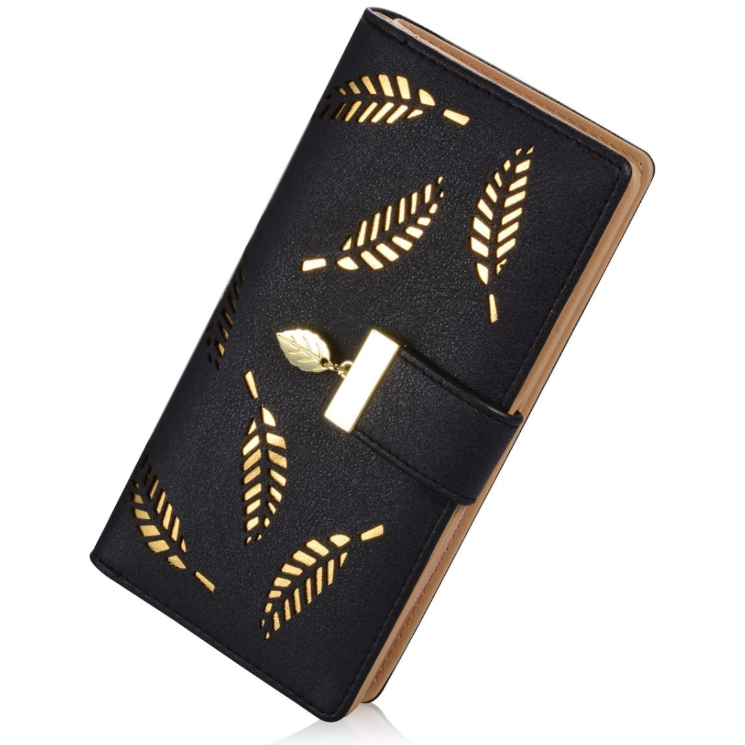 Slim Long Leaf Pattern Compact Leather Zip Pocket Wallet