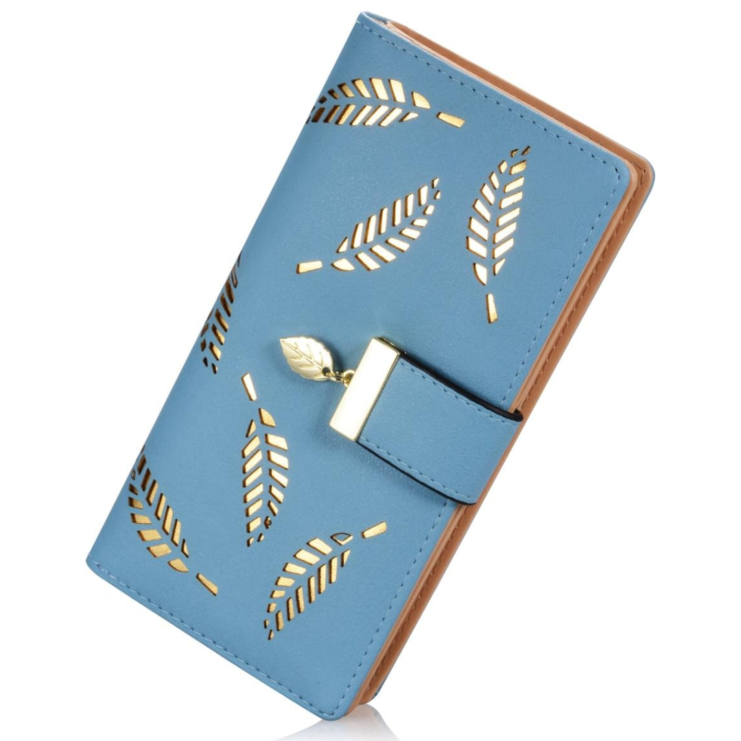 Slim Long Leaf Pattern Compact Leather Zip Pocket Wallet