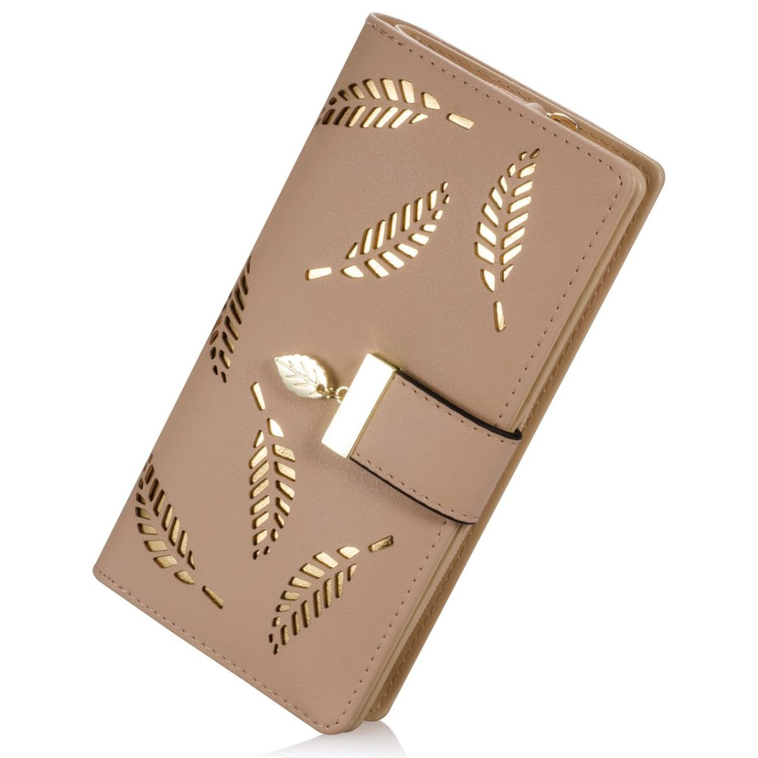 Slim Long Leaf Pattern Compact Leather Zip Pocket Wallet