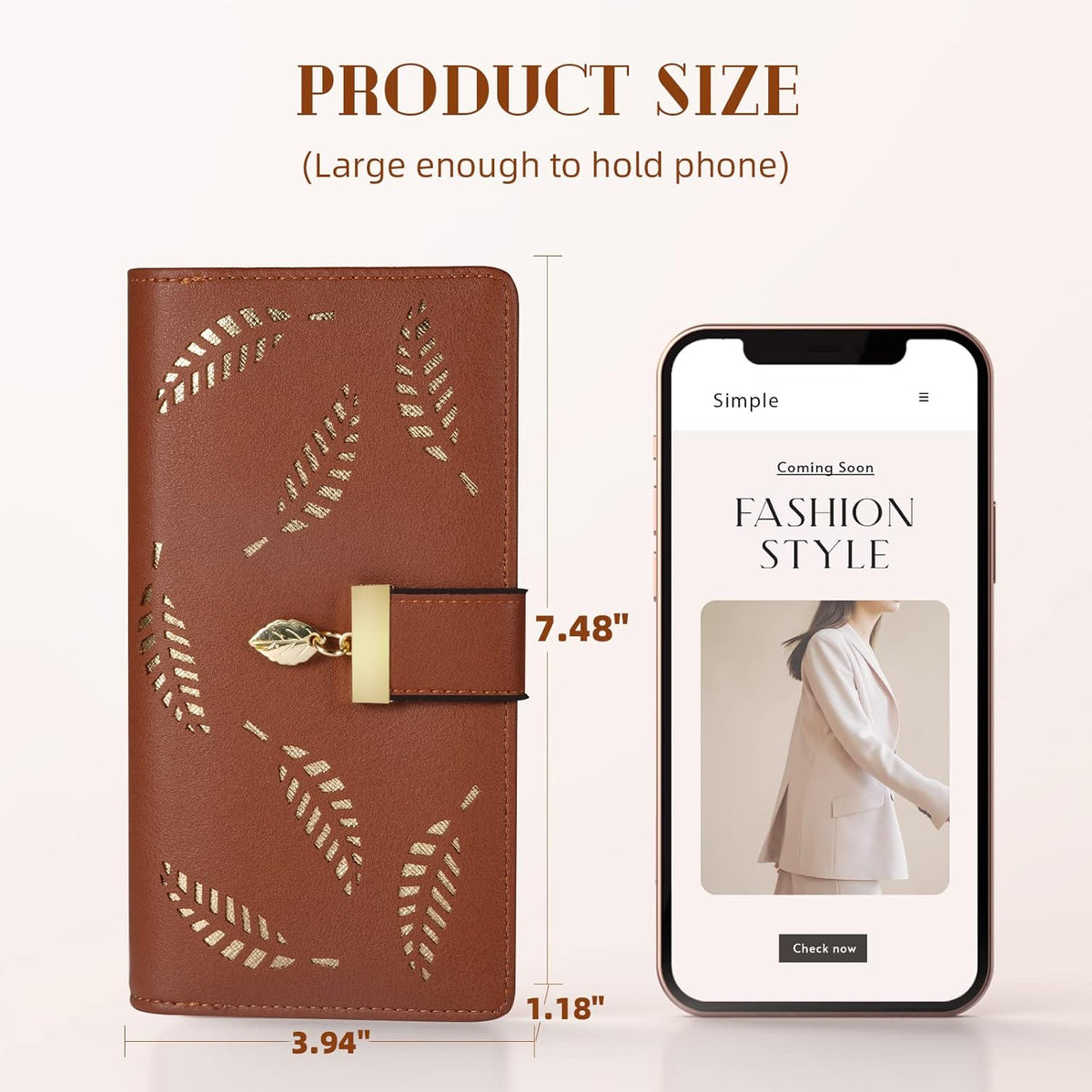 Slim Long Leaf Pattern Compact Leather Zip Pocket Wallet