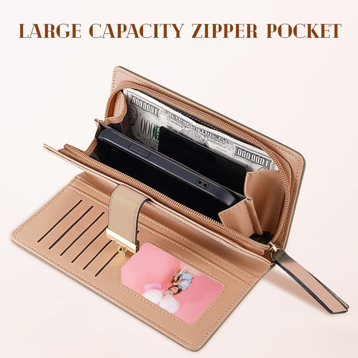 Slim Long Leaf Pattern Compact Leather Zip Pocket Wallet