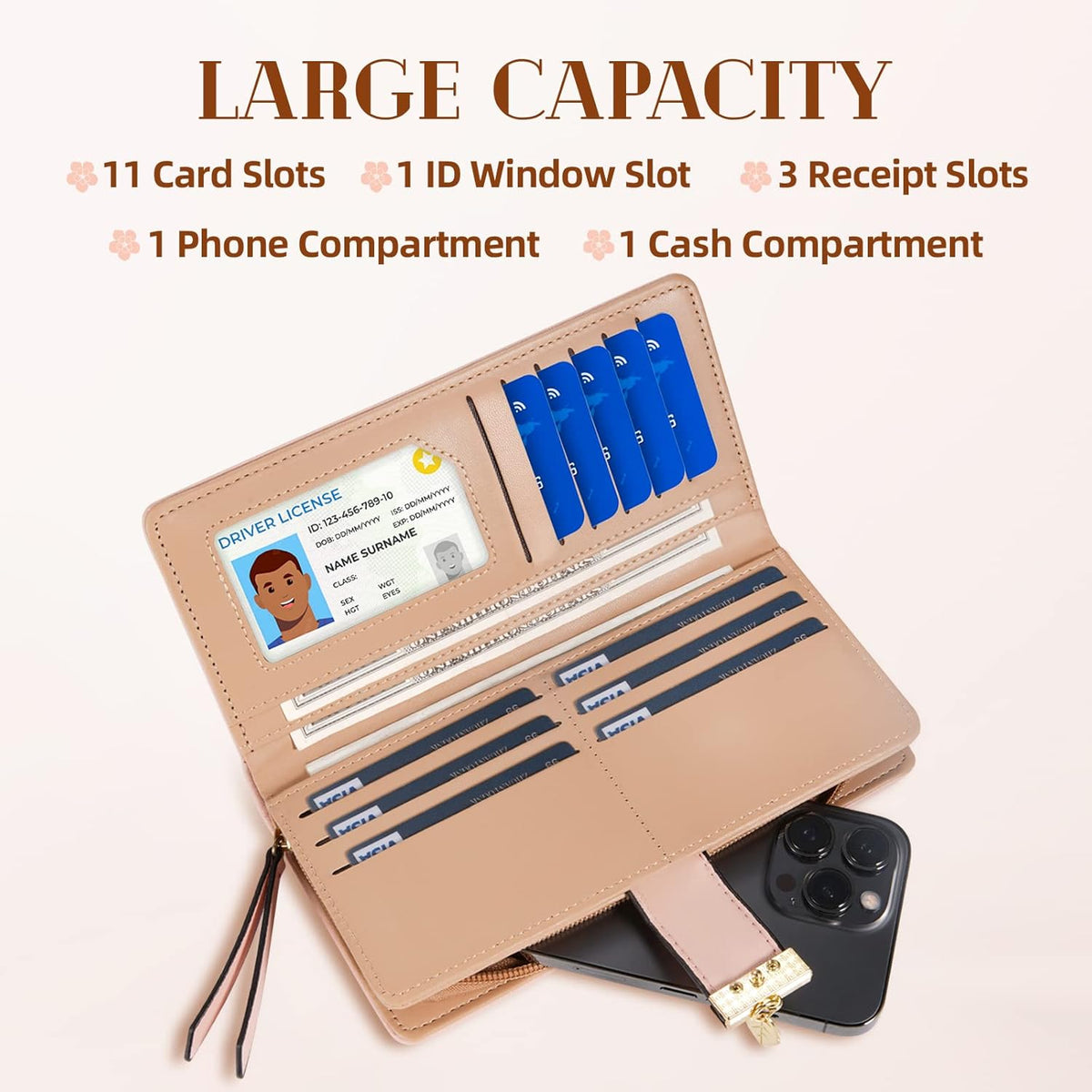 Slim Long Leaf Pattern Compact Leather Zip Pocket Wallet