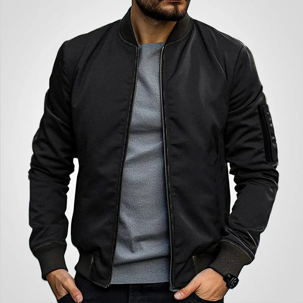 Mens Bomber Jacket Classic Zip-Up Ribbed Collar Flight Jacket