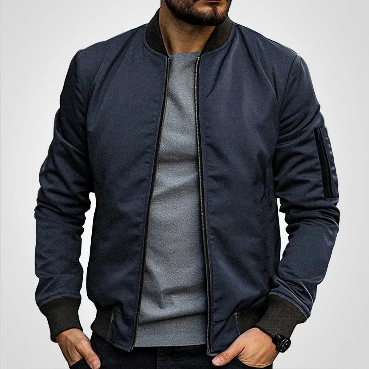 Mens Bomber Jacket Classic Zip-Up Ribbed Collar Flight Jacket