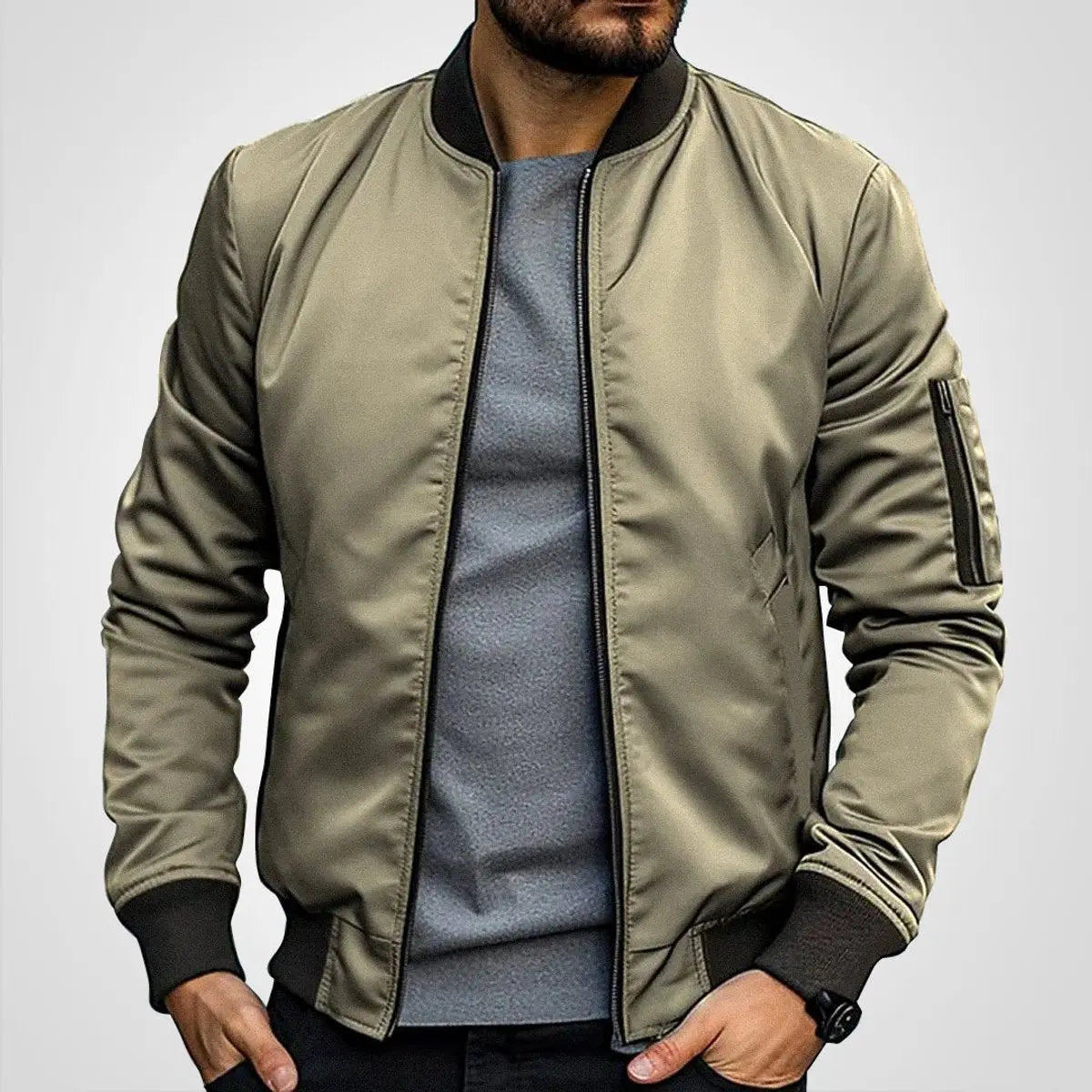 Mens Bomber Jacket Classic Zip-Up Ribbed Collar Flight Jacket