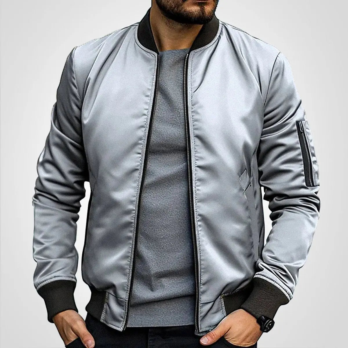 Mens Bomber Jacket Classic Zip-Up Ribbed Collar Flight Jacket