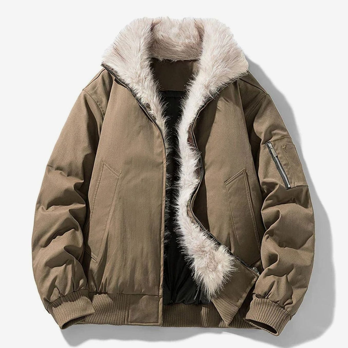 Men's Faux Fur Lined Wind-Resistant Zip-Up Bomber Jacket