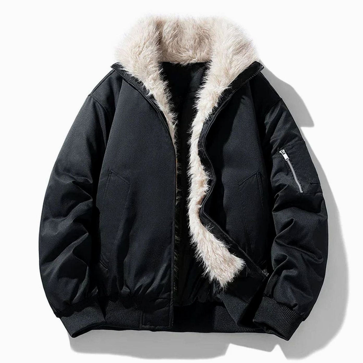 Men's Faux Fur Lined Wind-Resistant Zip-Up Bomber Jacket