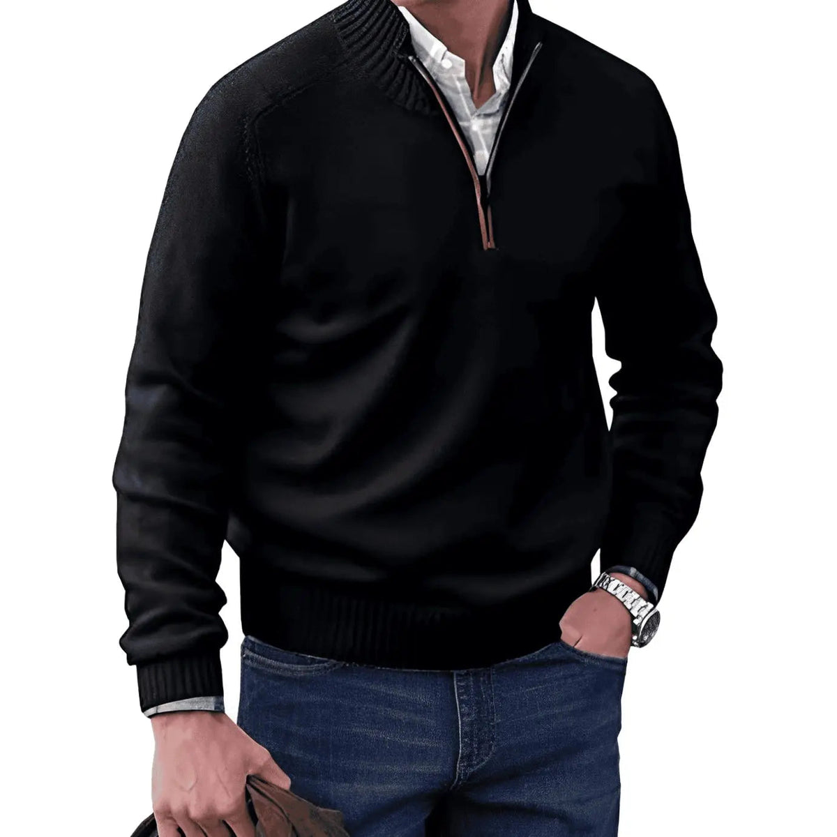 Men's Knitted Half-Zip Pullover Jumper Ribbed Collar