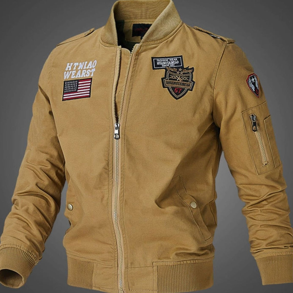 Men's Military Patch Zip-Up Bomber Jacket