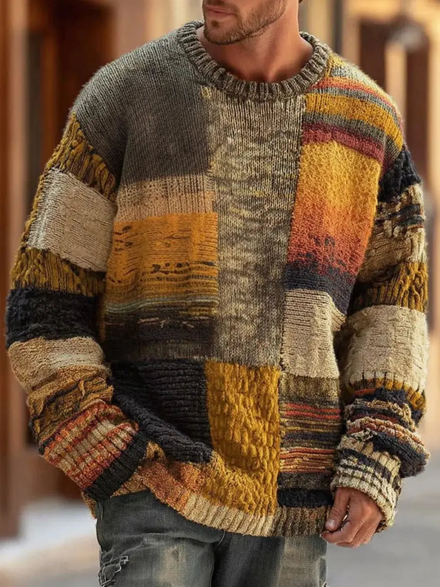 Men's Patchwork Colourblock Chunky Knit Sweater Pullover Jumper