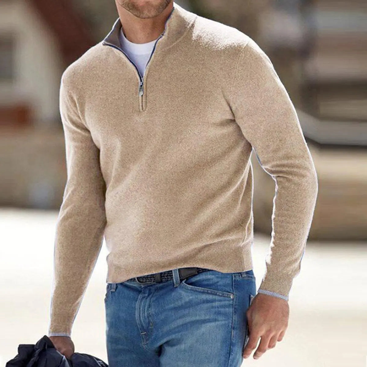 Men's Quarter-Zip Knit Sweater Ribbed Half-Zip Pullover Jumper