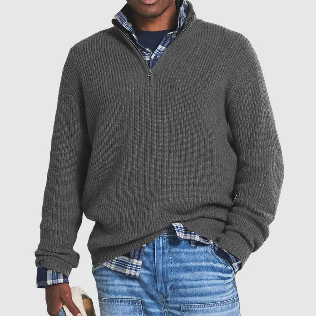 Men's Quarter-Zip Ribbed Knit Sweater Pullover Jumper