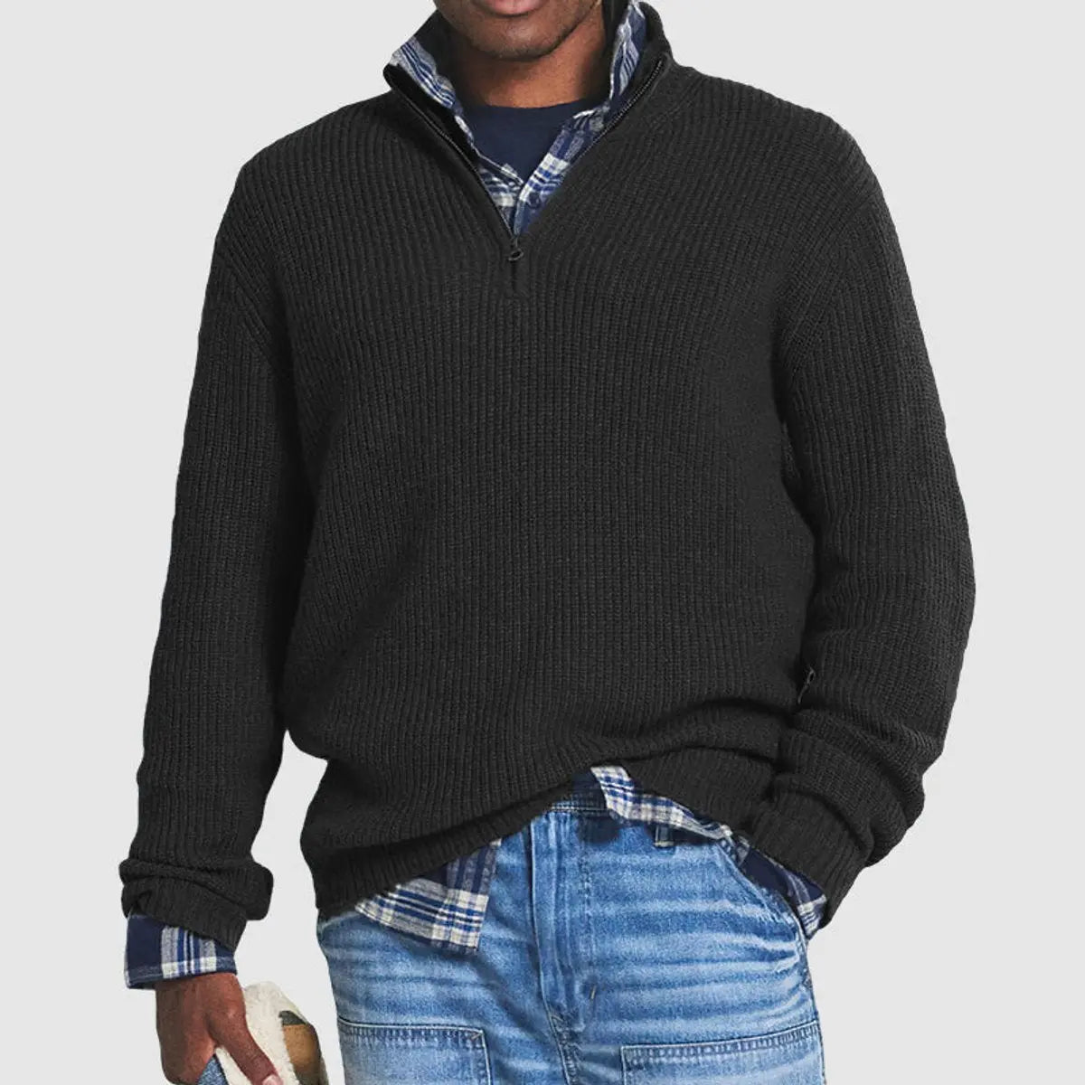 Men's Quarter-Zip Ribbed Knit Sweater Pullover Jumper