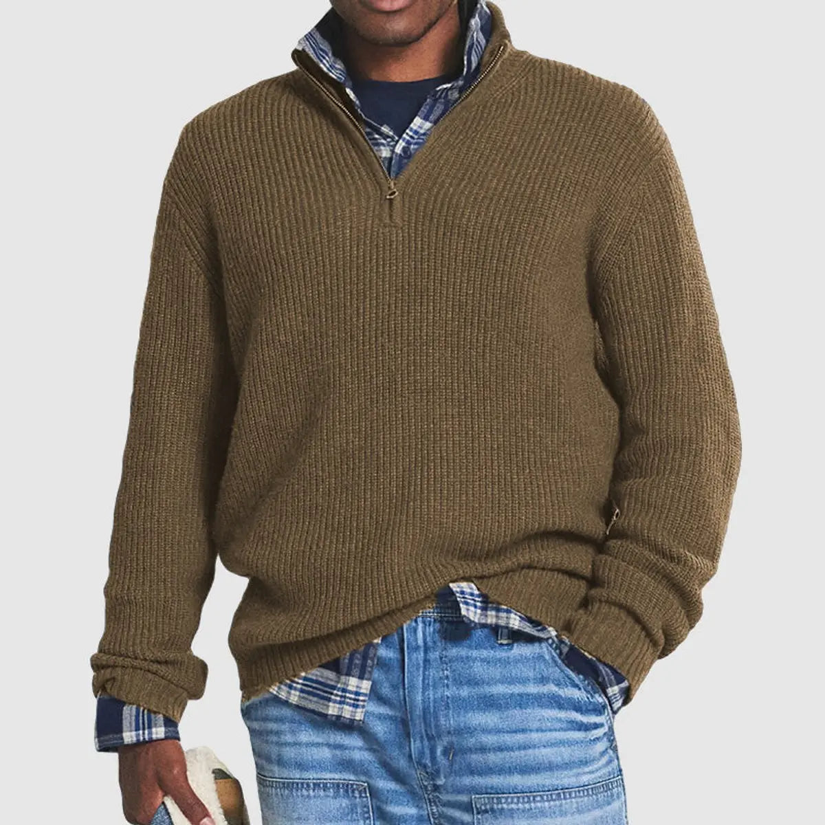 Men's Quarter-Zip Ribbed Knit Sweater Pullover Jumper
