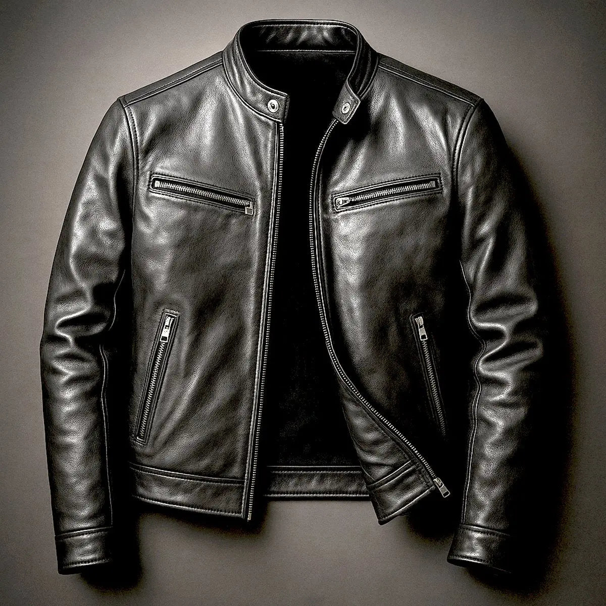 Mens Quilted Jacket Vintage Biker Leather Look Zip-Up Coat