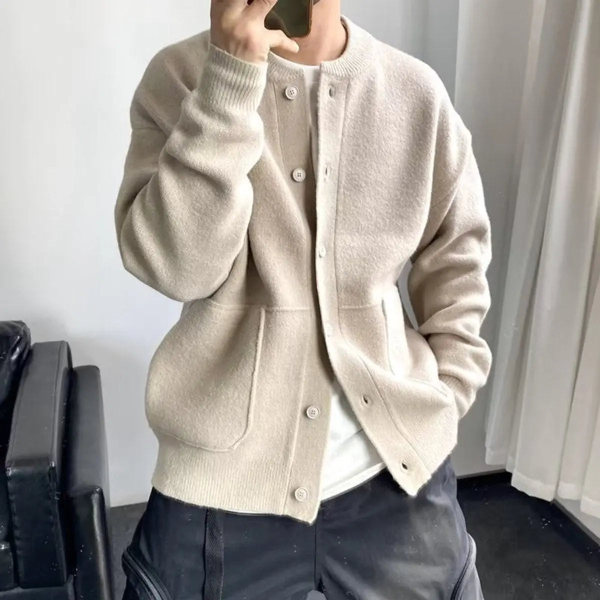 Mens Relaxed Fit Button-Up Knit Cardigan
