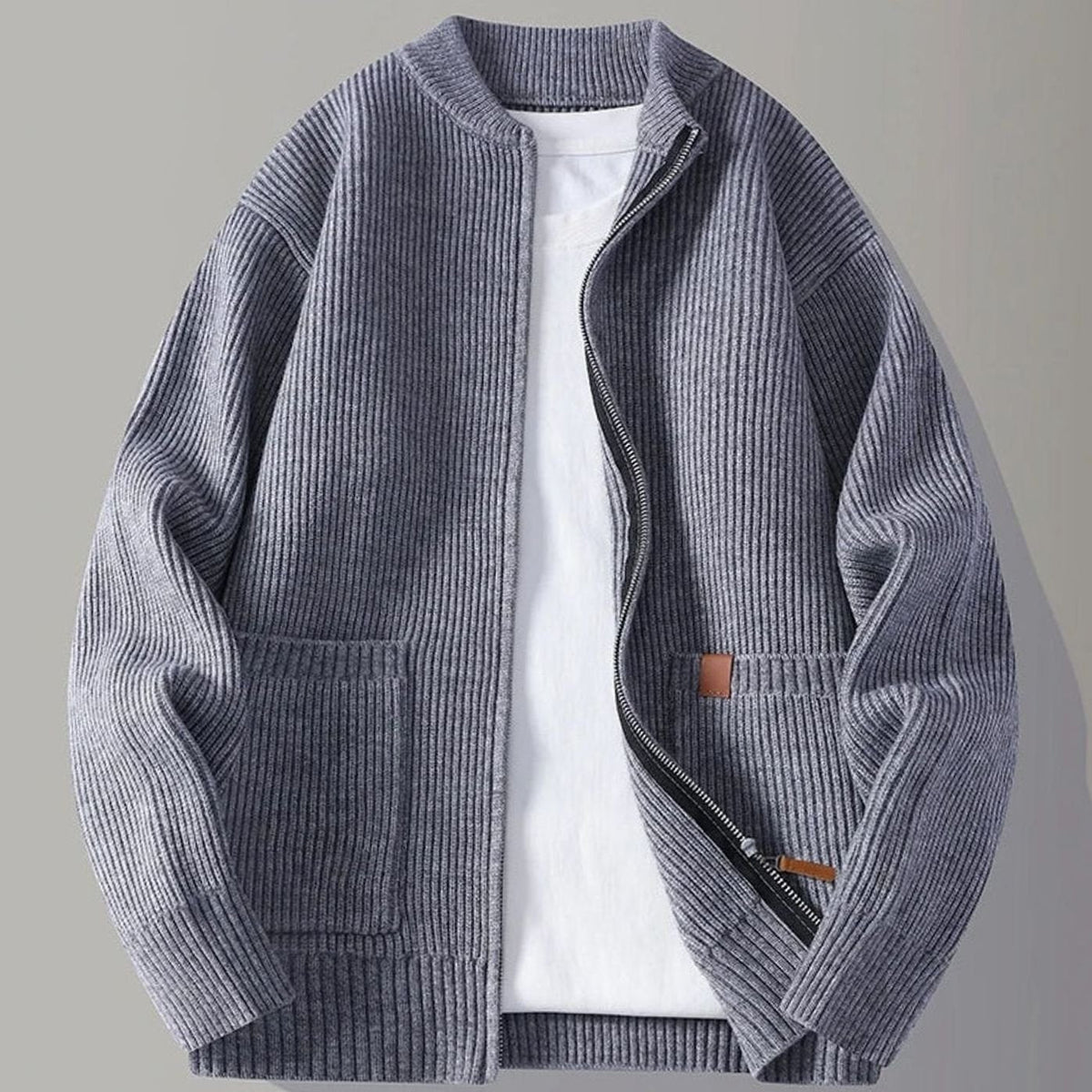 Men's Ribbed Knit Full-Zip Jacket with Front Pockets