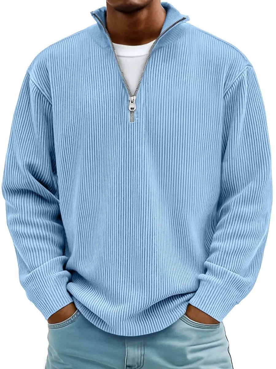 Men's Ribbed Knit Sweater Quarter-Zip Pullover Jumper