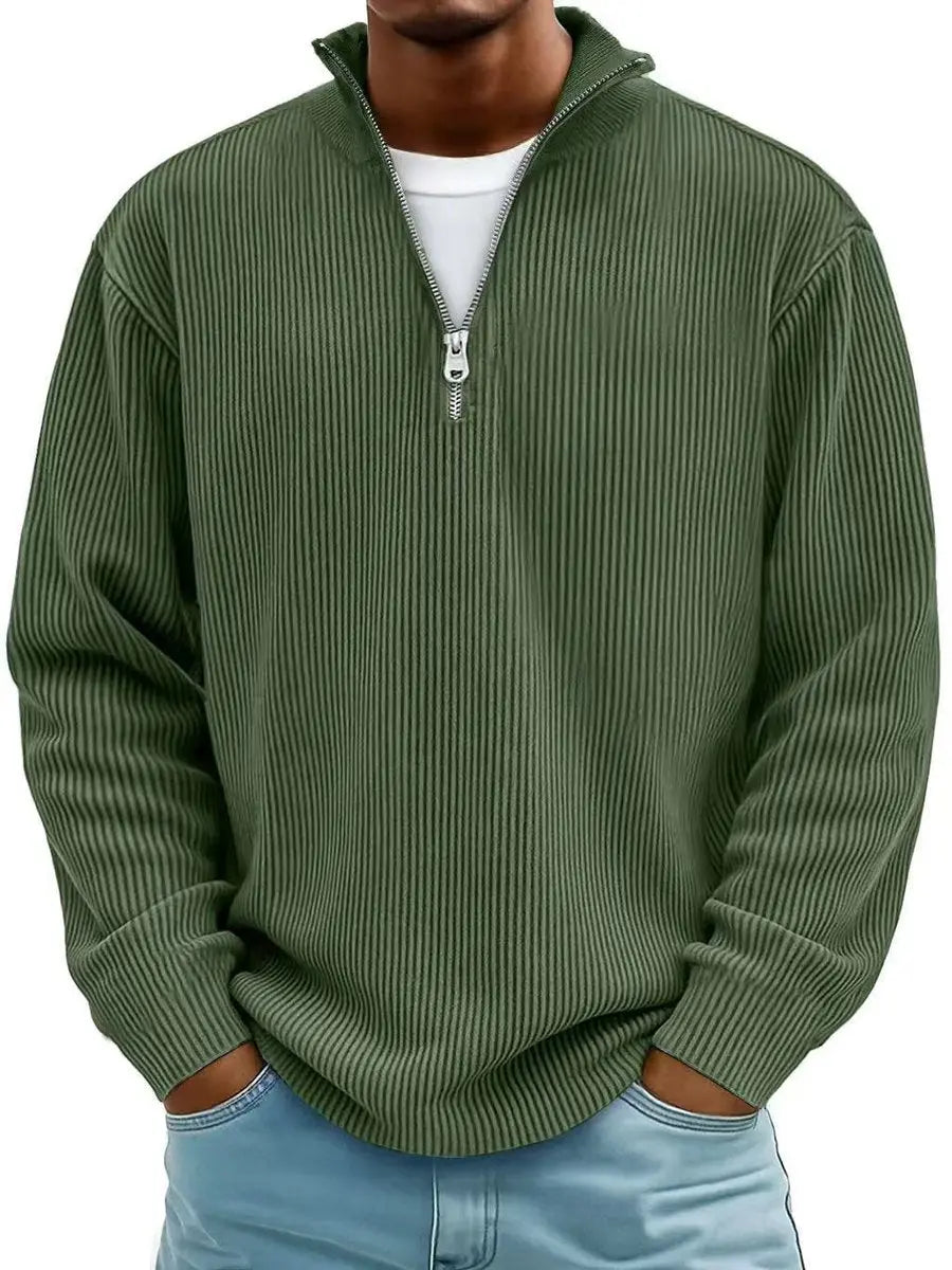Men's Ribbed Knit Sweater Quarter-Zip Pullover Jumper