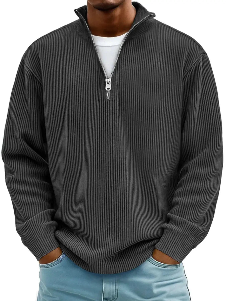Men's Ribbed Knit Sweater Quarter-Zip Pullover Jumper