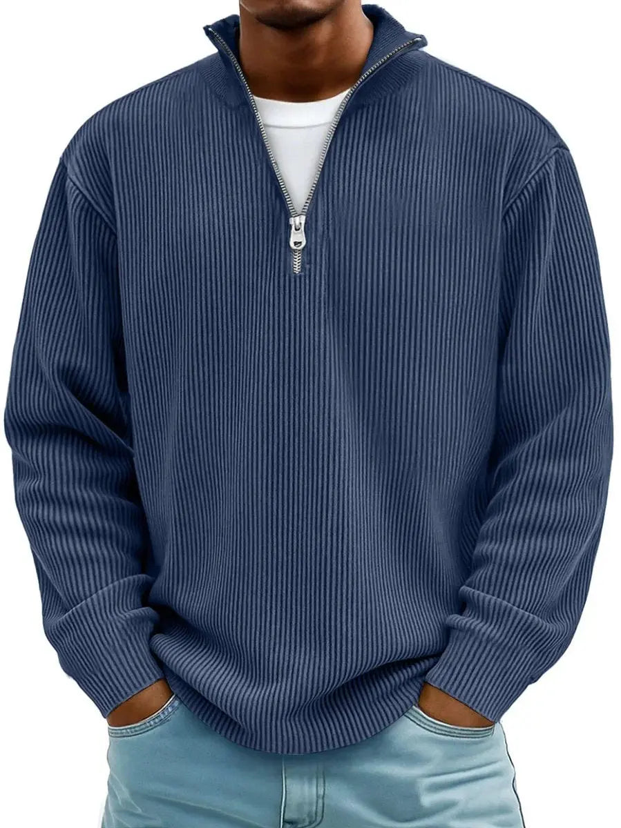 Men's Ribbed Knit Sweater Quarter-Zip Pullover Jumper