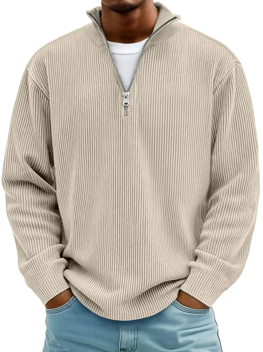 Men's Ribbed Knit Sweater Quarter-Zip Pullover Jumper