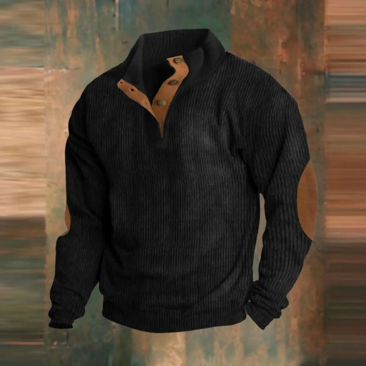 Men's Ribbed Knit Sweater Retro Quarter-Snap Pullover Elbow Patch