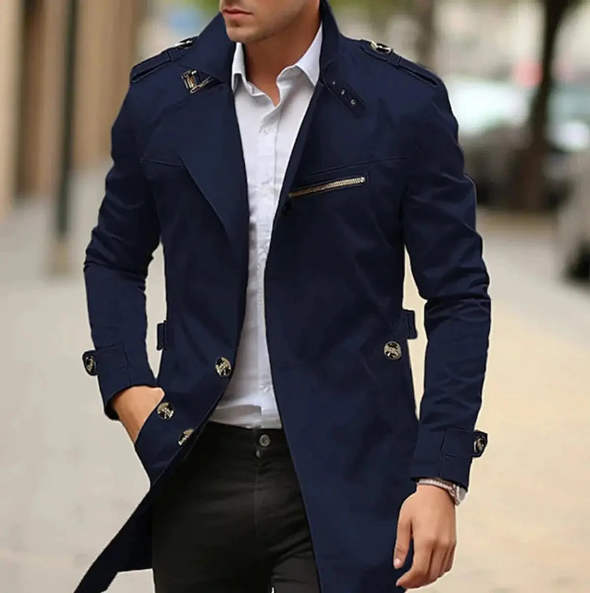Men's Slim-Fit Belted Trench Mens Wool Coat Jacket