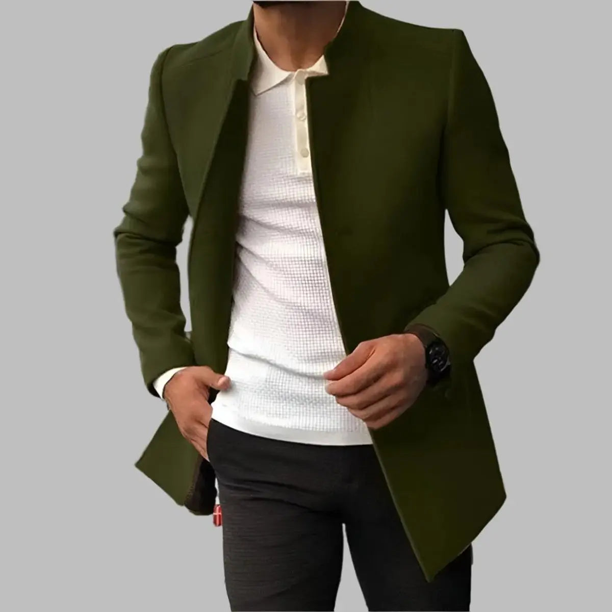 Men's Slim-Fit Collarless Mens Wool Coat Smart Overcoat