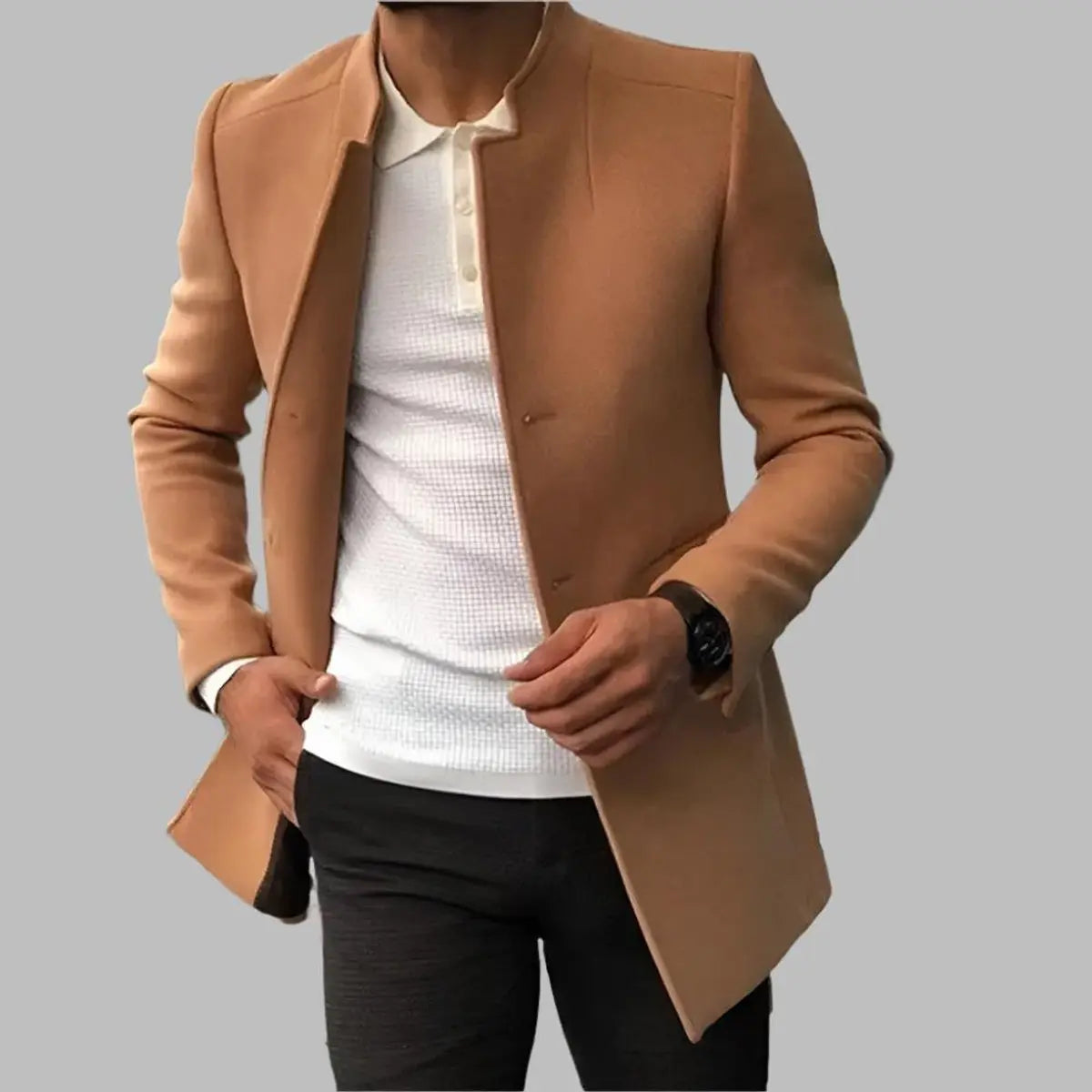 Men's Slim-Fit Collarless Mens Wool Coat Smart Overcoat