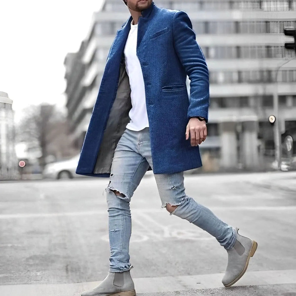 Men's Slim-Fit Stand-Collar Mid-Length Wool-Blend Overcoat