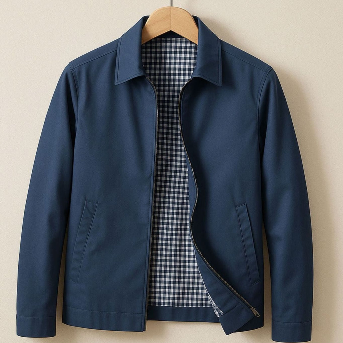 Men's Smart-Casual Harrington Jacket Checked Lining Zip-Front