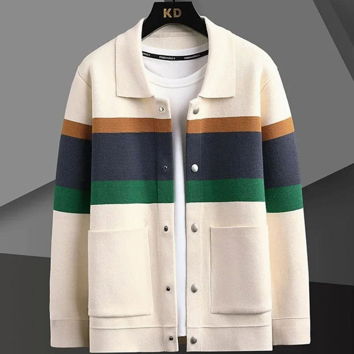 Men's Striped Heavyweight Cotton Knit Button-Front Cardigan Jacket