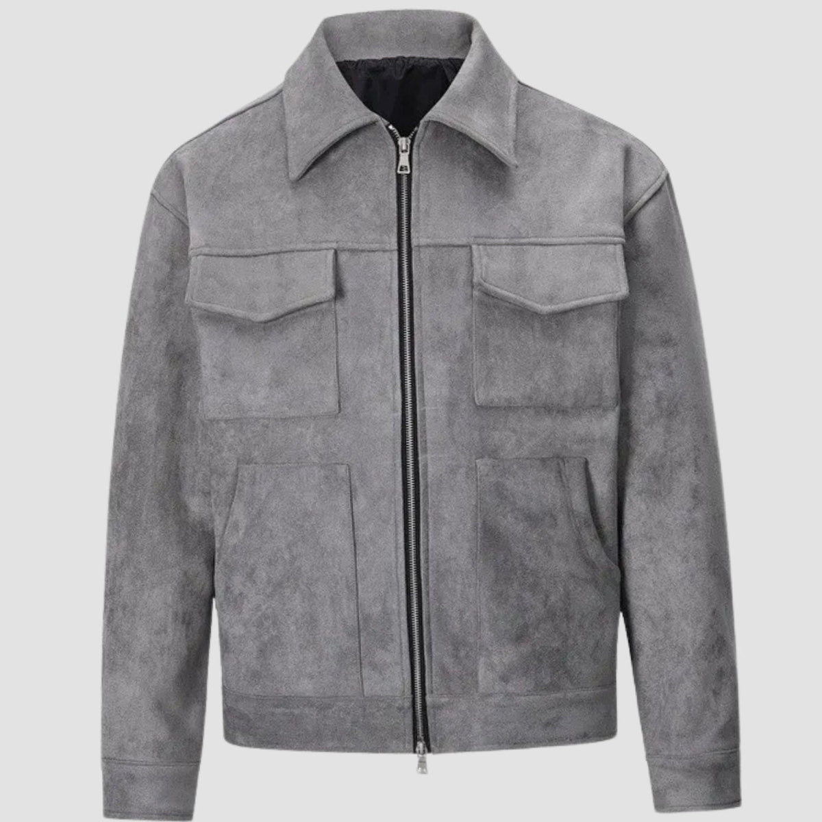 Men's Suede-Look Zip-Up Trucker Jacket Shirt Collar