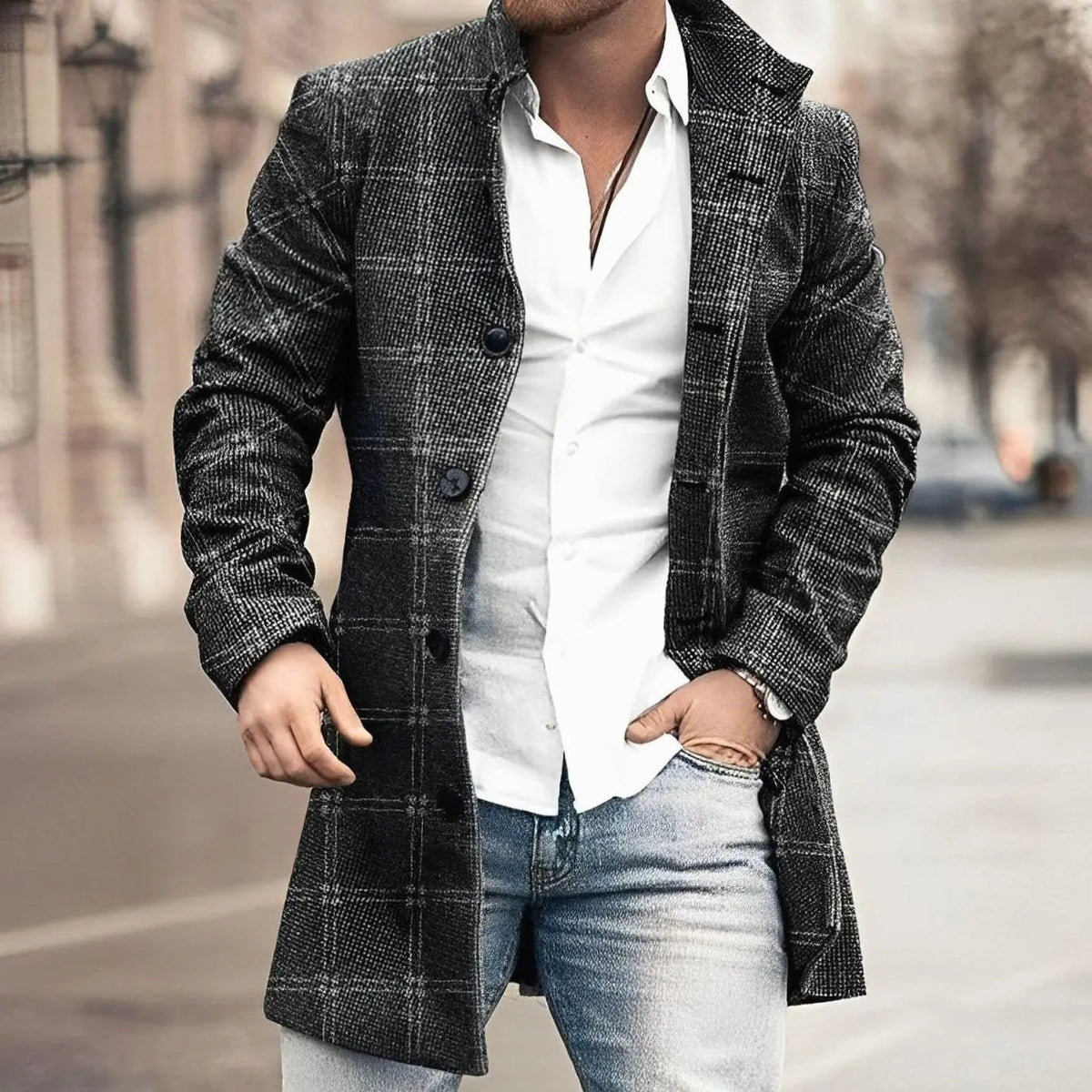 Men's Tailored Long Button Up Coat Houndstooth Wool-Blend