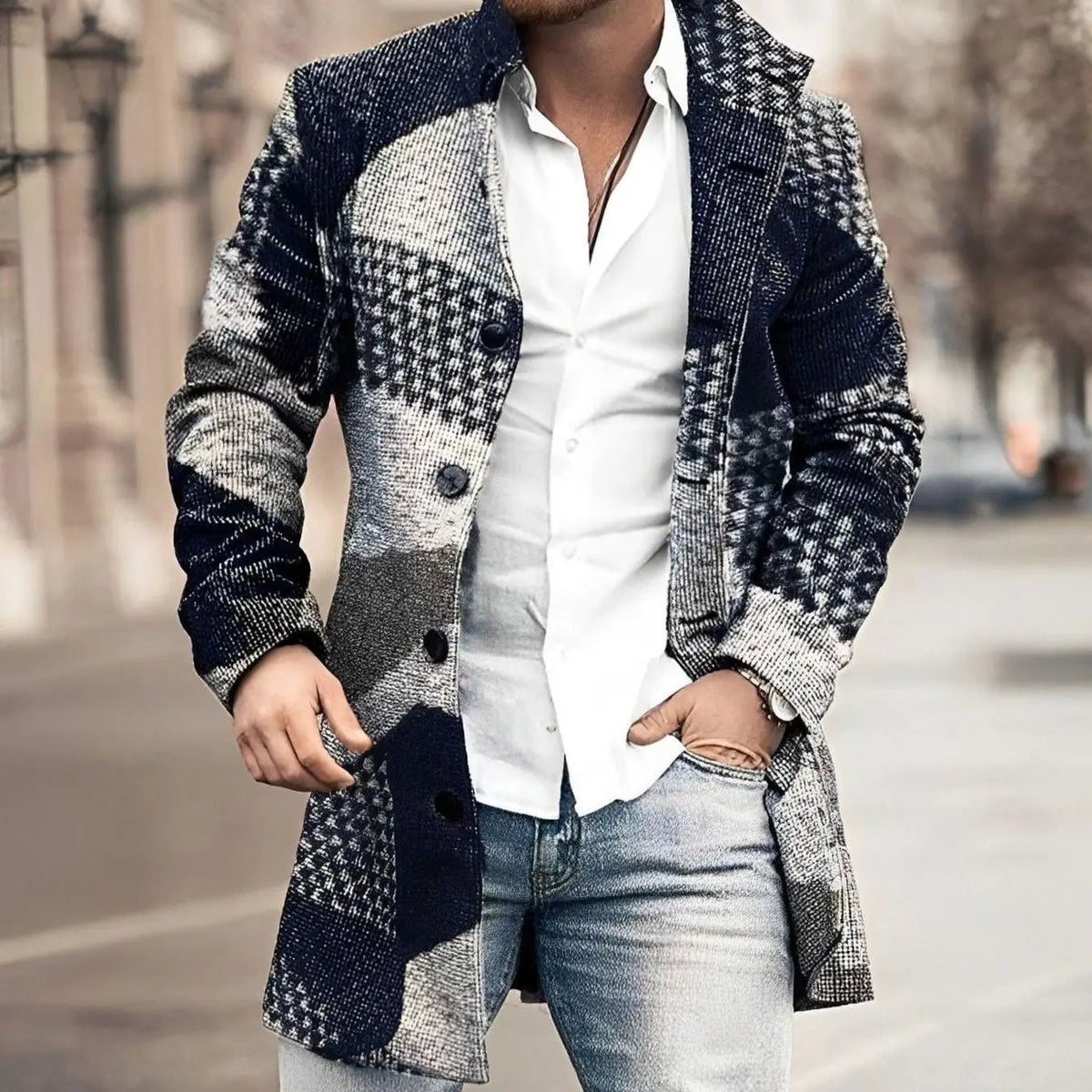 Men's Tailored Long Button Up Coat Houndstooth Wool-Blend