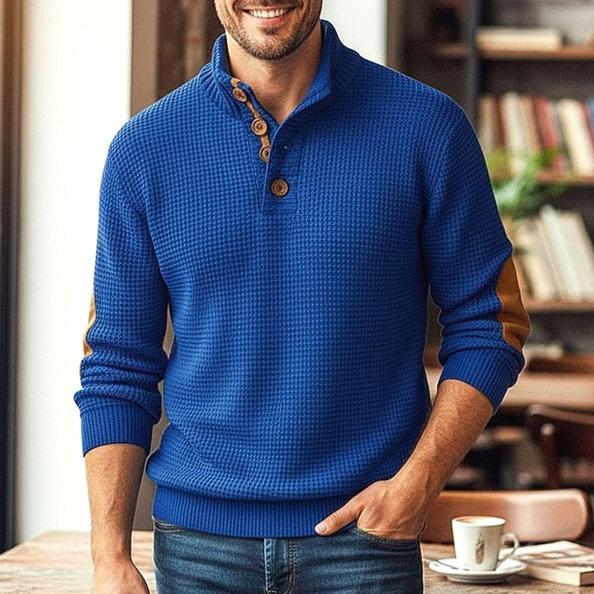Men's Waffle-Knit Button-Neck Elbow-Patch Pullover Jumper